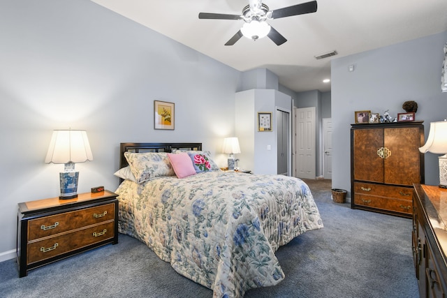 bedroom with ceiling fan and carpet floors