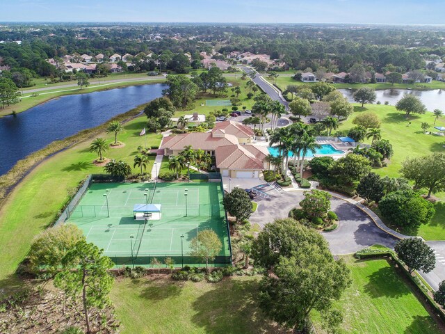 aerial view featuring a water view