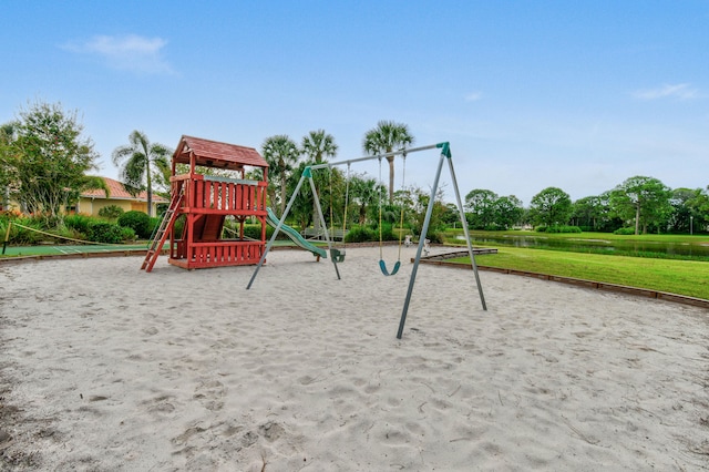 view of jungle gym featuring a yard