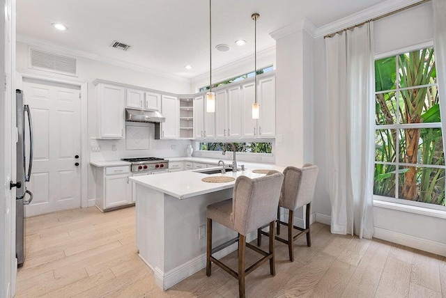 kitchen featuring pendant lighting, appliances with stainless steel finishes, sink, and light hardwood / wood-style floors