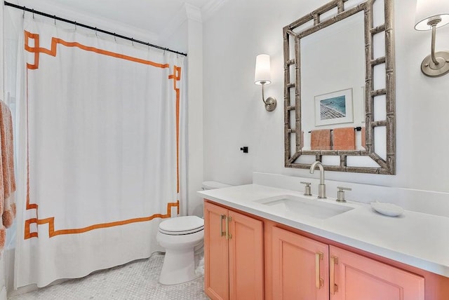 full bathroom with vanity, shower / bath combination with curtain, tile patterned flooring, toilet, and ornamental molding