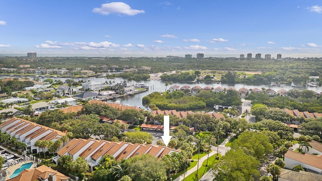 bird's eye view with a water view