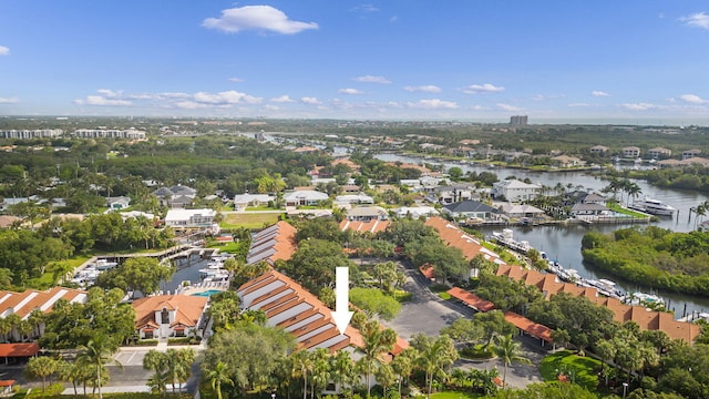 drone / aerial view featuring a water view