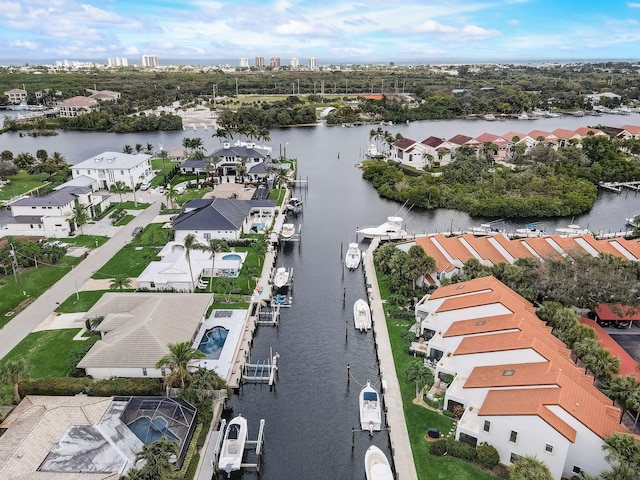 drone / aerial view with a water view