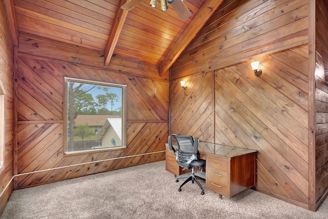 unfurnished office with light carpet, vaulted ceiling with beams, wooden walls, and wood ceiling