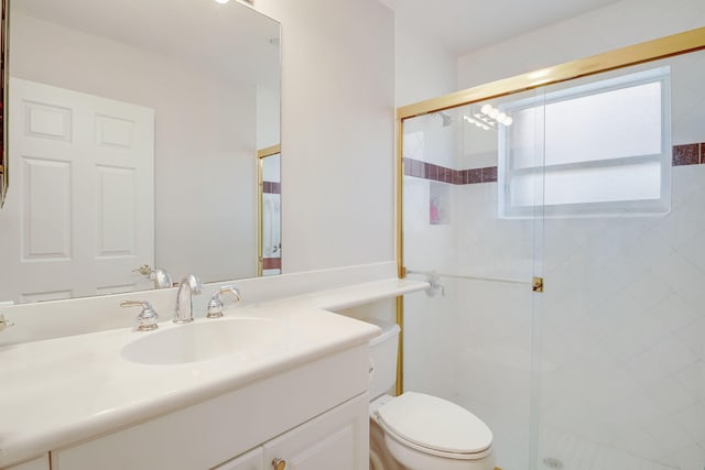 bathroom featuring vanity, toilet, and an enclosed shower