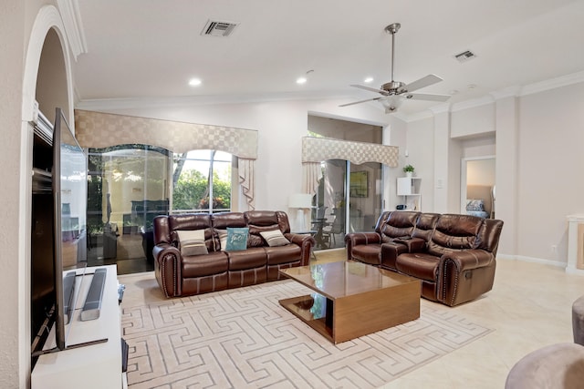 living room with ornamental molding, light tile patterned floors, vaulted ceiling, and ceiling fan