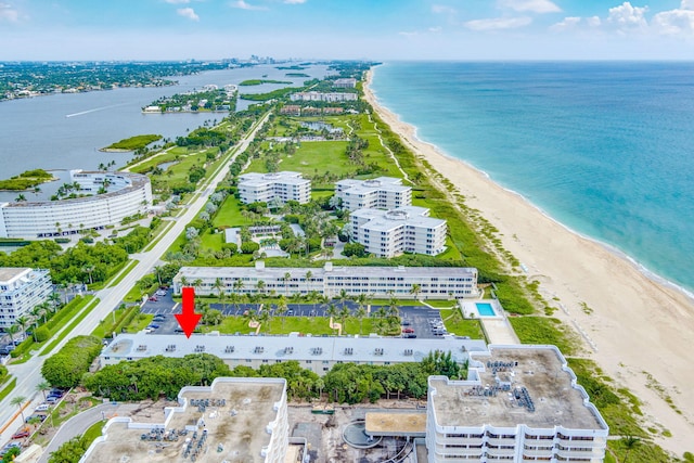 aerial view featuring a beach view and a water view