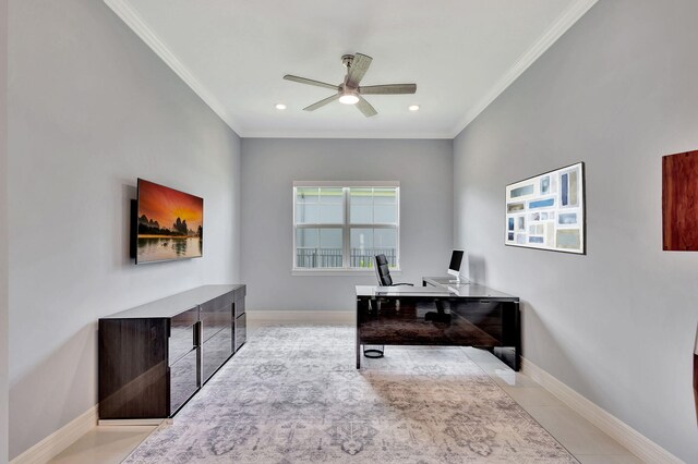 office with ceiling fan, ornamental molding, and light tile patterned floors