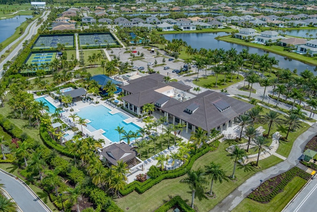 aerial view featuring a water view