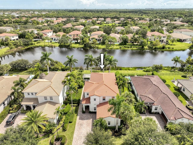 aerial view featuring a water view