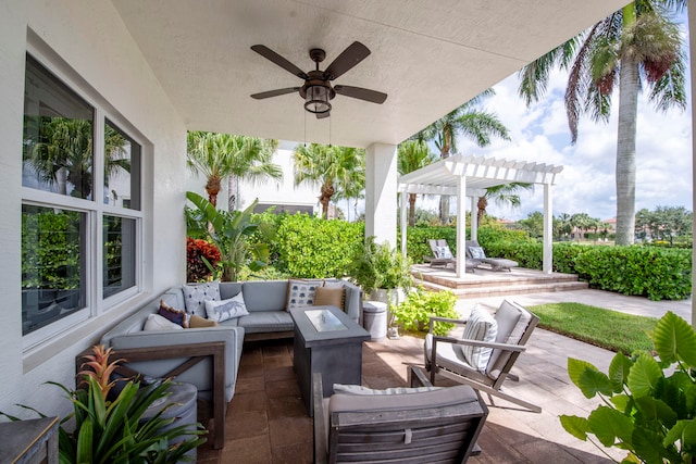 view of patio / terrace with a pergola, outdoor lounge area, and ceiling fan