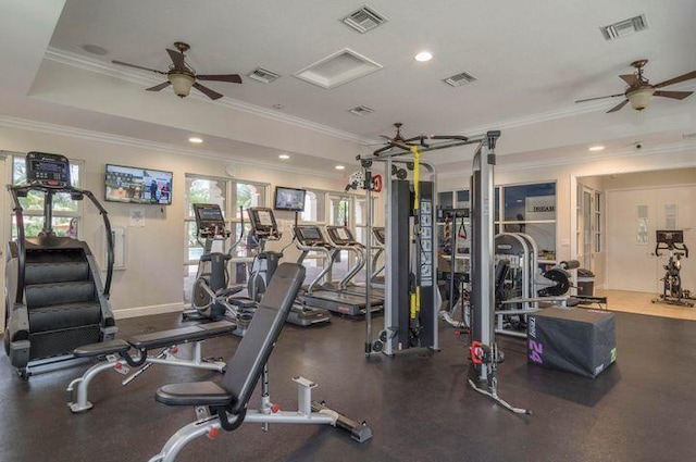 exercise room with ceiling fan and ornamental molding