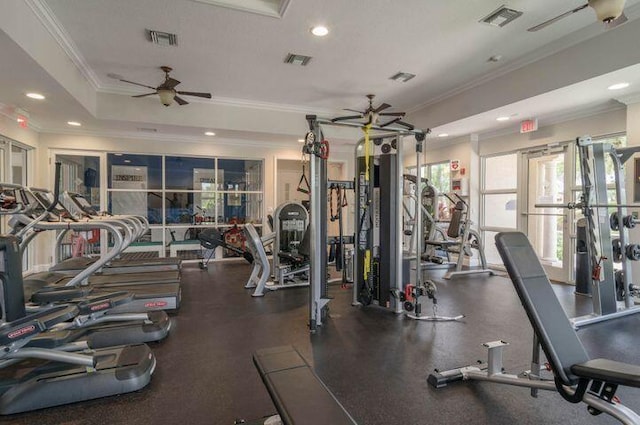 workout area with crown molding and ceiling fan