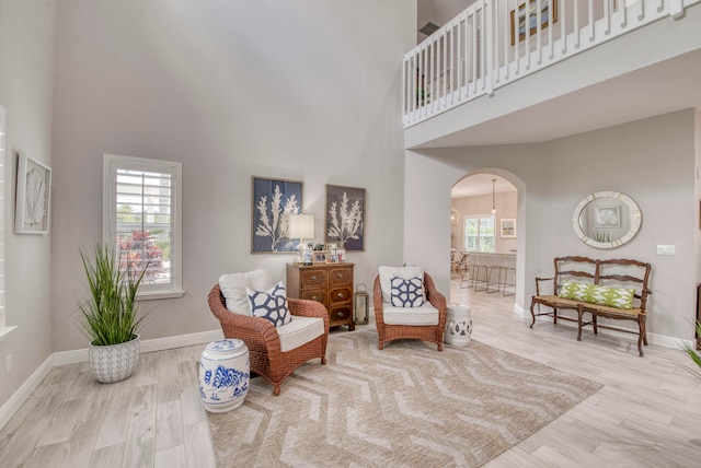 living area featuring a high ceiling and light wood-type flooring