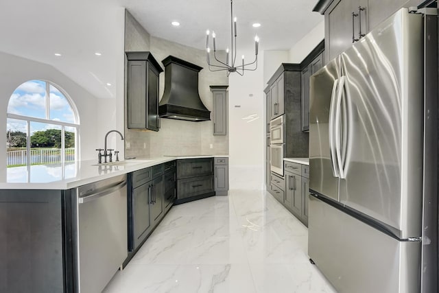 kitchen with gray cabinets, stainless steel appliances, sink, decorative backsplash, and custom range hood