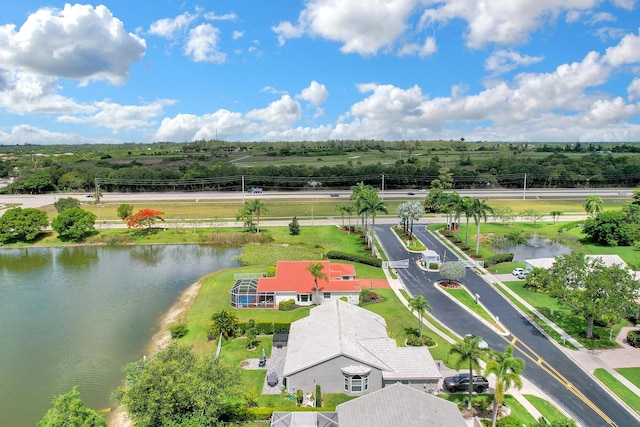 aerial view featuring a water view and a rural view