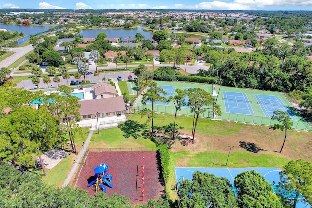 birds eye view of property featuring a water view