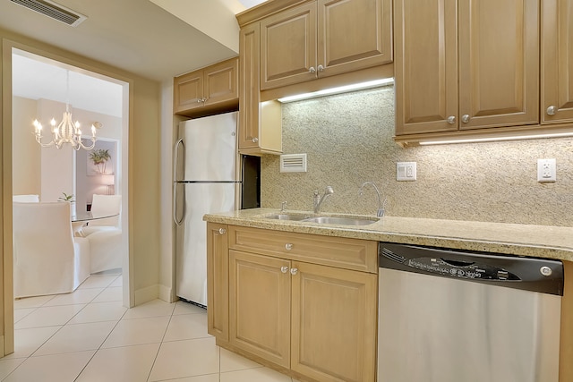 kitchen with backsplash, stainless steel appliances, an inviting chandelier, sink, and light tile patterned flooring