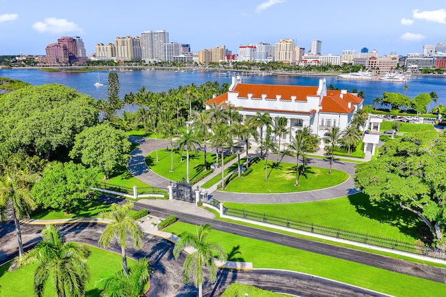 drone / aerial view with a water view