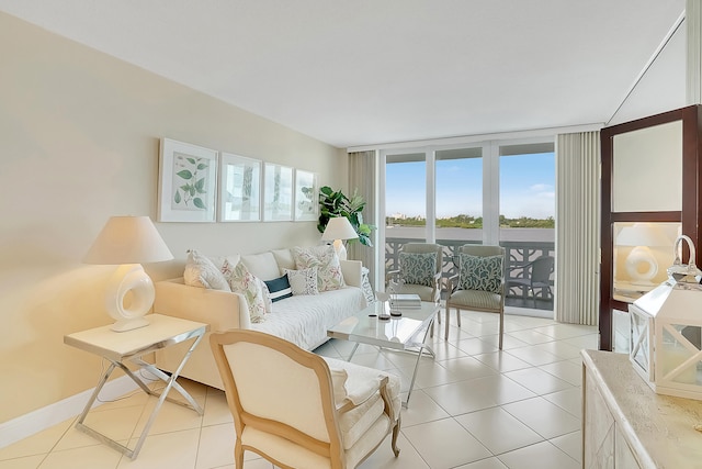 tiled living room with expansive windows