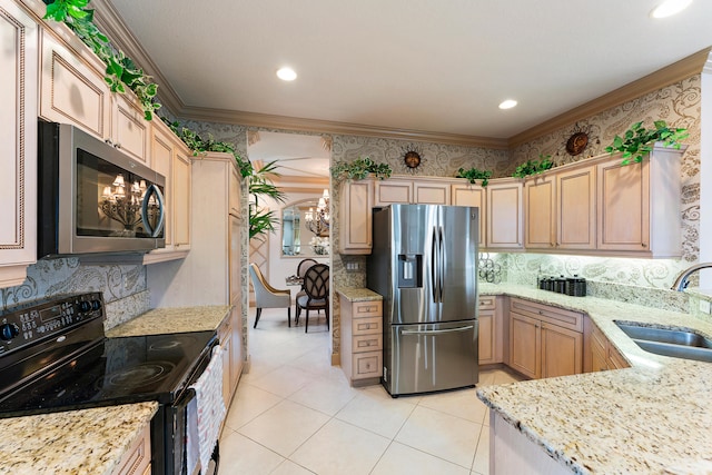 kitchen with crown molding, a chandelier, stainless steel appliances, light brown cabinetry, and sink