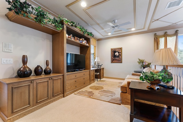 living room with ornamental molding, ceiling fan, and carpet floors