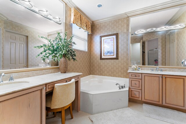 bathroom featuring tile patterned flooring, vanity, ornamental molding, and plus walk in shower