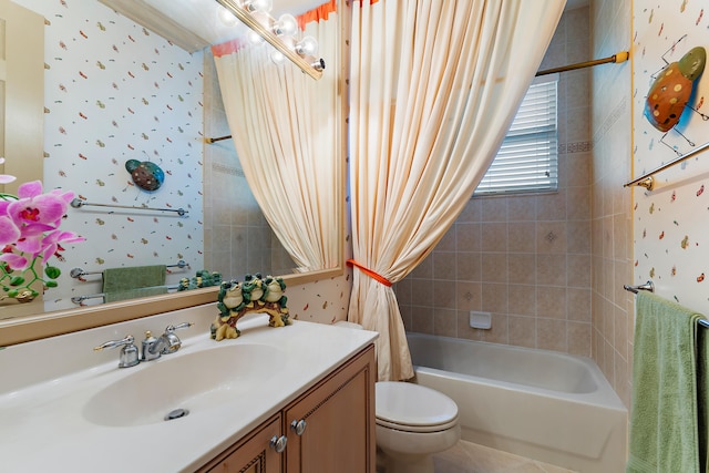 full bathroom featuring shower / bath combination with curtain, toilet, and vanity