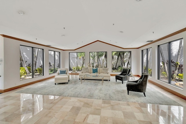 7567 Imperial Dr Unit 601, Boca Raton, FL 33433 - living area featuring baseboards, ornamental molding, and lofted ceiling