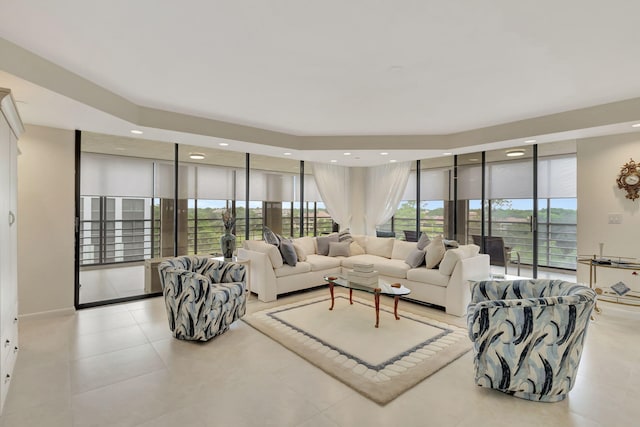 tiled living room with expansive windows