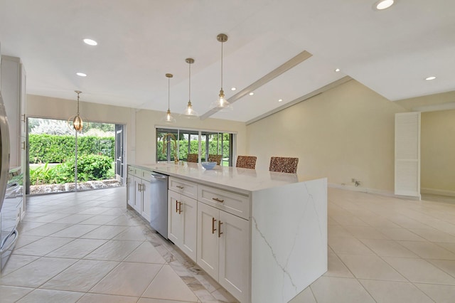 kitchen with white cabinetry, light stone counters, dishwasher, and hanging light fixtures