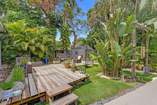 view of yard with a storage unit and a deck