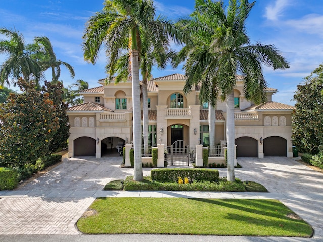 mediterranean / spanish house with a front yard, a balcony, and a garage