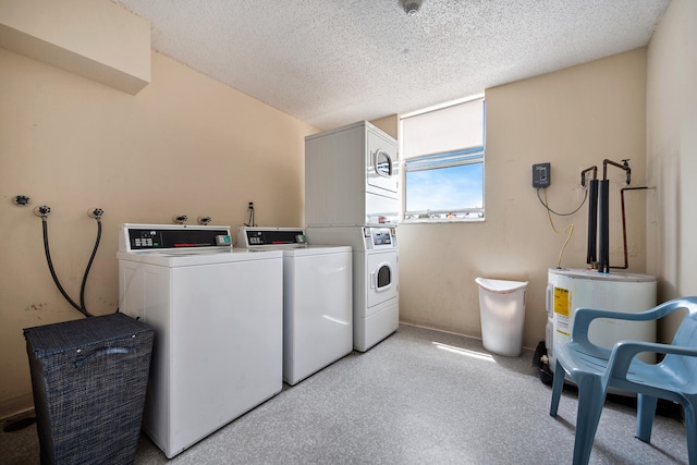 laundry area with water heater, independent washer and dryer, a textured ceiling, and stacked washer / dryer