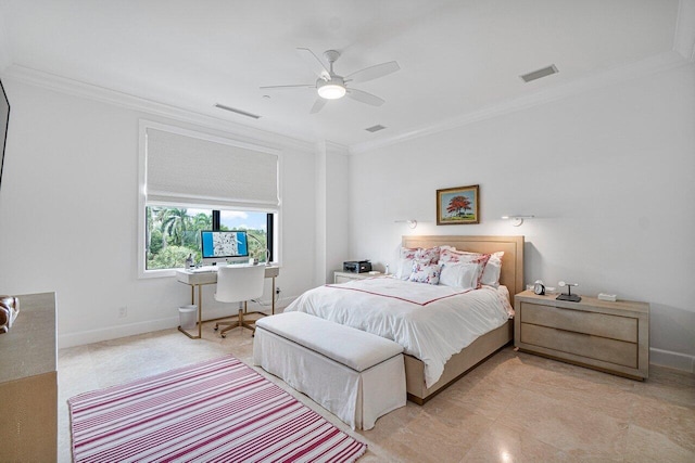 bedroom with ceiling fan and ornamental molding