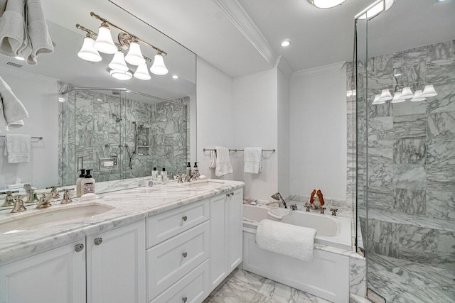 bathroom with separate shower and tub, crown molding, and vanity