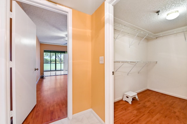 spacious closet featuring hardwood / wood-style floors and ceiling fan