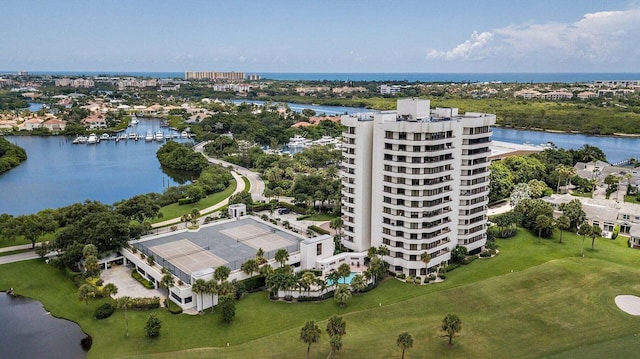 birds eye view of property featuring a water view