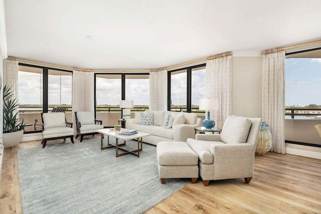 living room featuring floor to ceiling windows, plenty of natural light, ornamental molding, and light hardwood / wood-style flooring