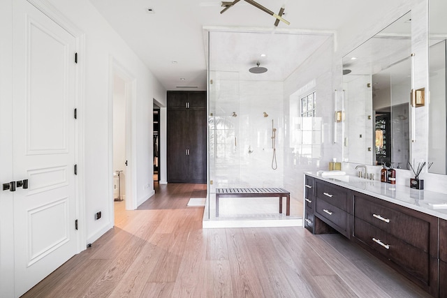 bathroom with walk in shower, vanity, and hardwood / wood-style floors