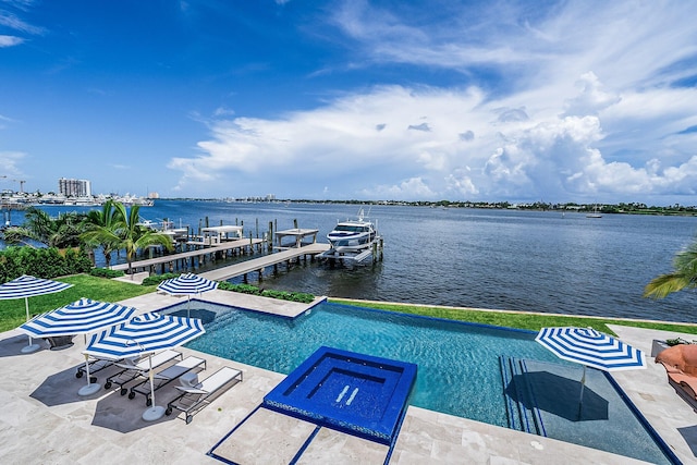 view of pool with a water view and a boat dock