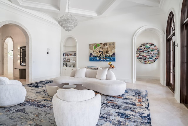 living room with built in shelves, coffered ceiling, crown molding, and beamed ceiling