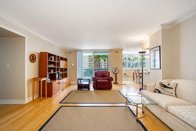 living room with light hardwood / wood-style floors and ornamental molding