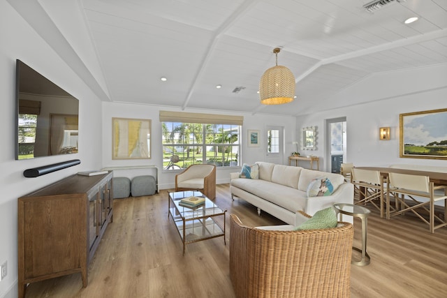 living room featuring lofted ceiling, light hardwood / wood-style floors, and wooden ceiling