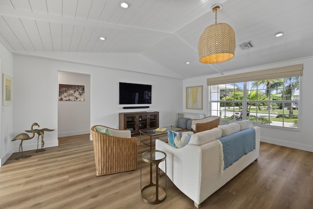 living room featuring hardwood / wood-style flooring, vaulted ceiling, and wooden ceiling