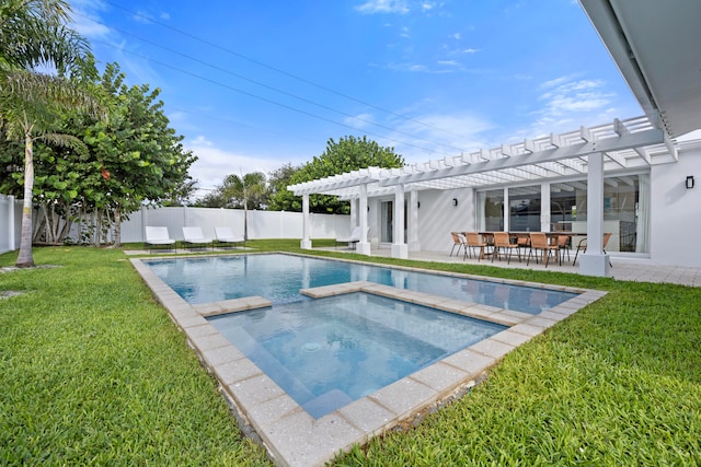 view of pool featuring a pergola, an in ground hot tub, a lawn, and a patio