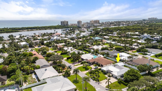 aerial view featuring a water view