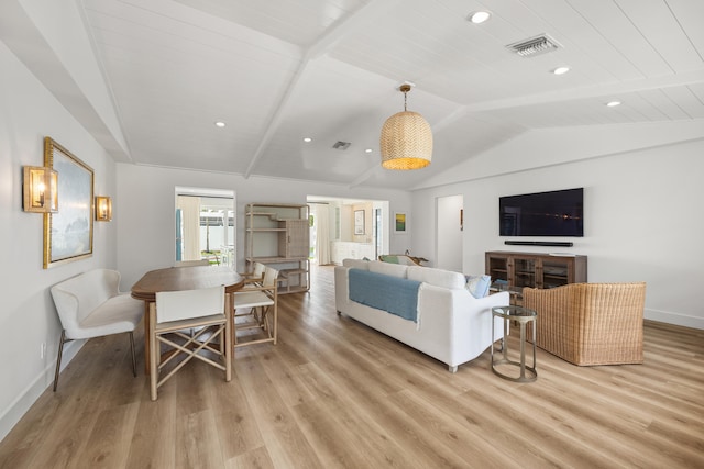 living room with lofted ceiling with beams and light wood-type flooring