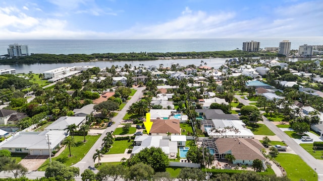 aerial view featuring a water view